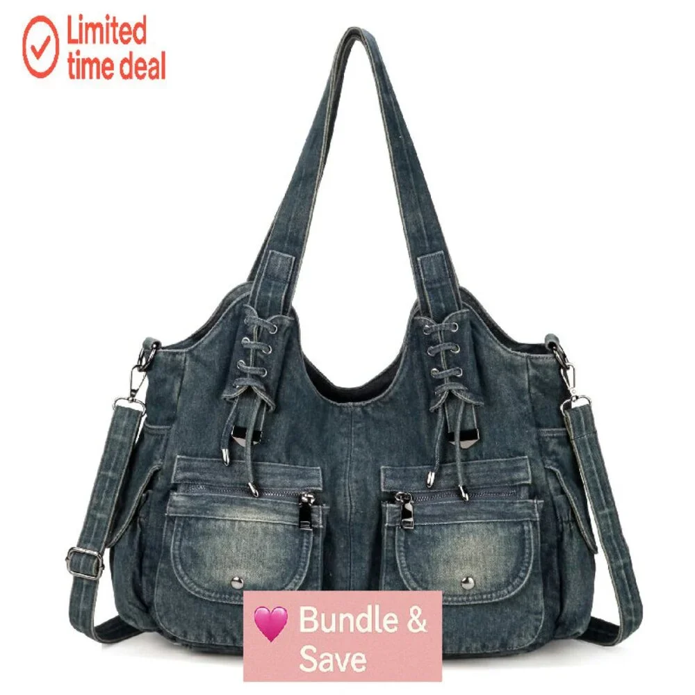 Denim Hobo Bag with Adjustable Strap, Multiple Pockets, Large Compartment